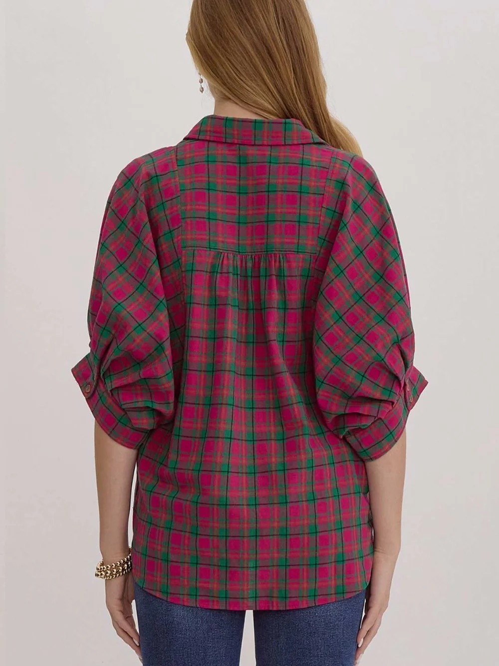 Entro Pink Green Plaid Oversized Pima Cotton Button Up Small - Picture 2 of 12